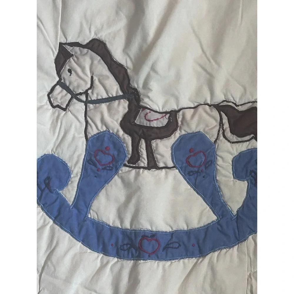 Handmade Baby Crib Quilt 44x45 Rocking Horse Pinwheel Patchwork Blue Red